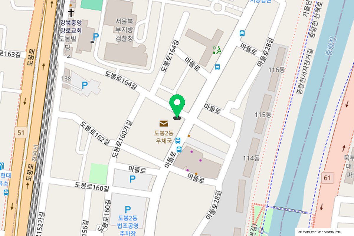 서울 도봉구 마들로 727-1 청운빌딩 위치 지도, 초록 핀이 사무소 위치
